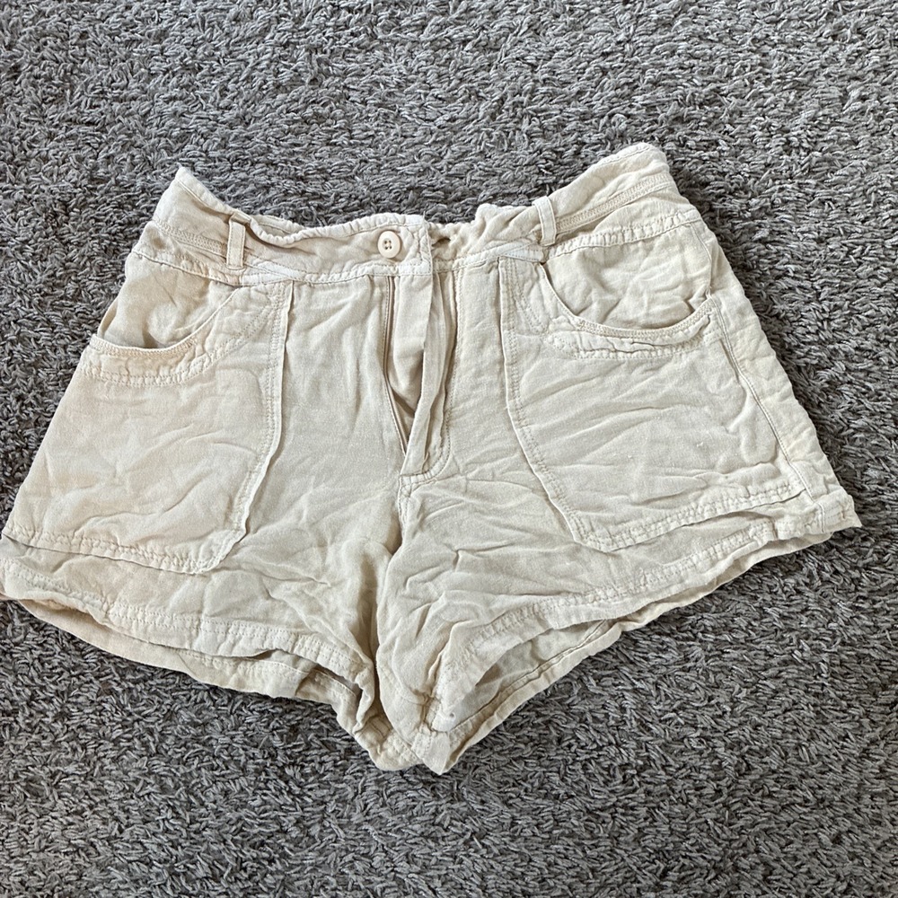 FREE PEOPLE High Rise Cream Cotton Linen Shorts Size 10 Summer Light Weight Med